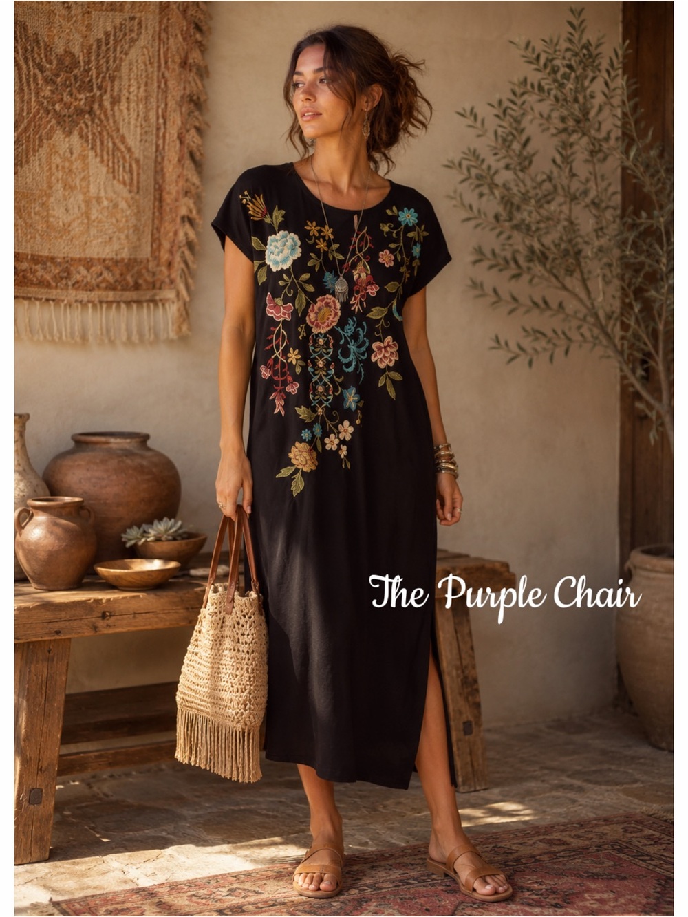 JOHNNY WAS NWT Boho Floral Embroidered Relaxed Knit Midi Dress